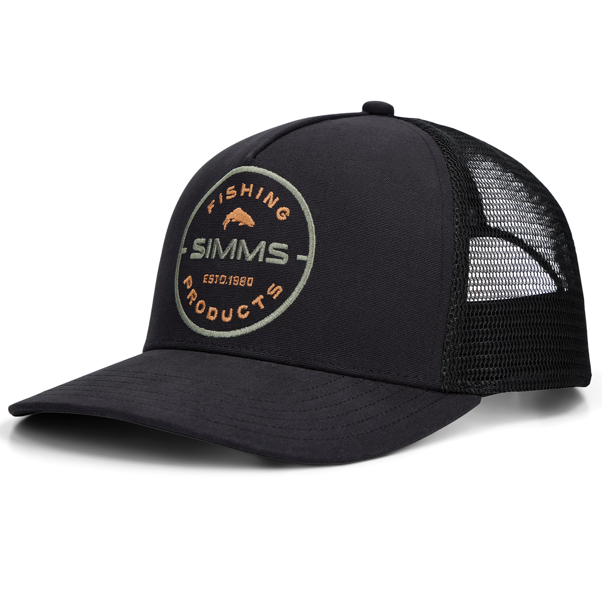 Simms Double Haul Trucker black mesh back fishing cap with curved brim and embroidered Simms fishing products patch