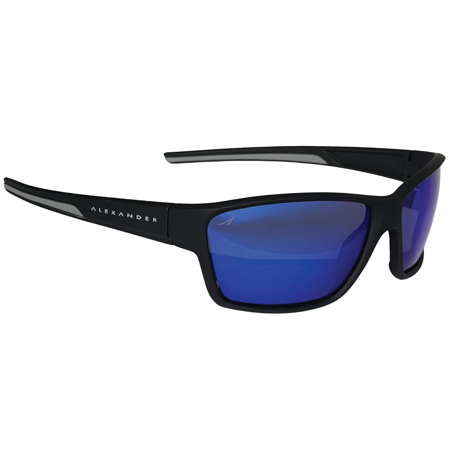 Alexander Sunglasses with sleek black frame and polarized blue lenses, designed for outdoor use with durable styling suitable for fishing tackle enthusiasts.