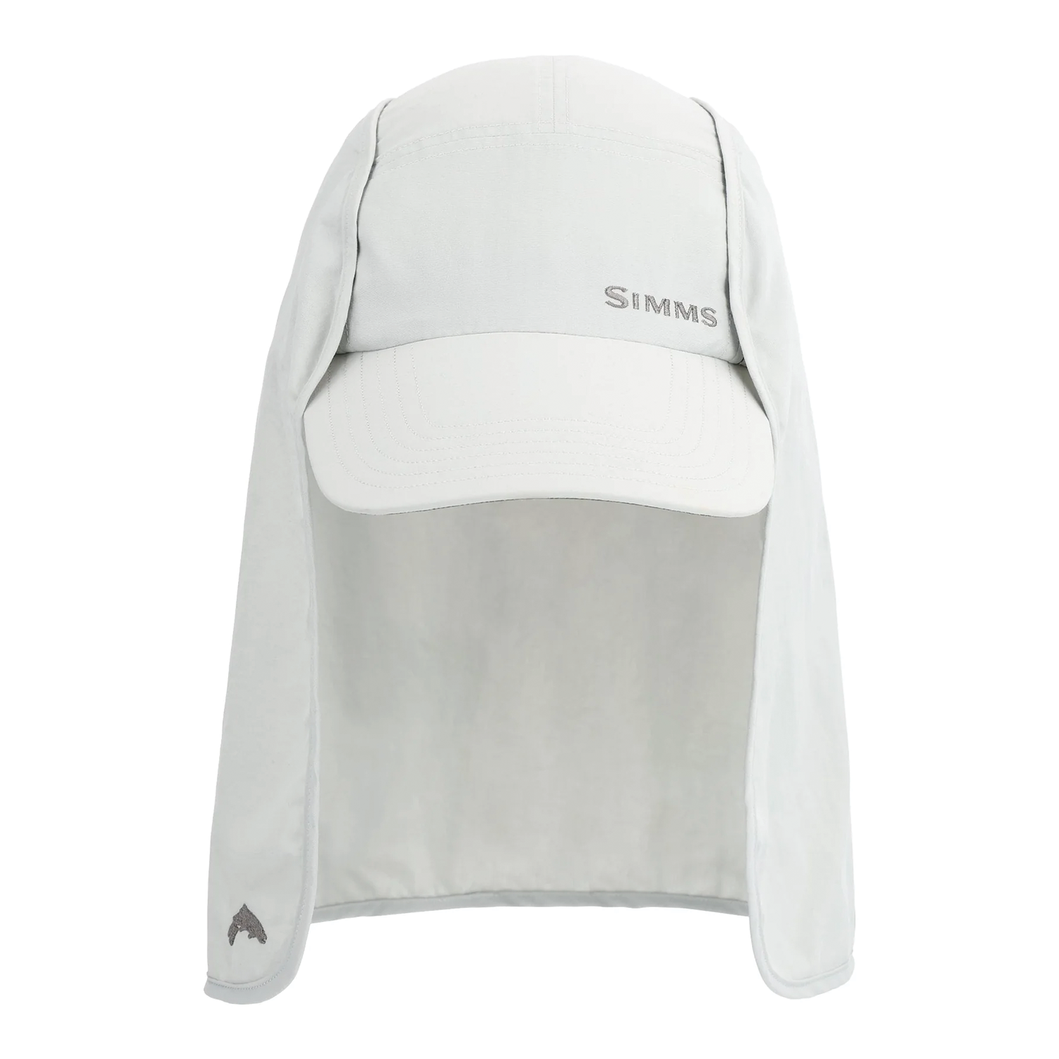 Simms Sunshield Cap in light gray with extended neck flap for full sun protection, featuring breathable fabric and embroidered branding on the front.