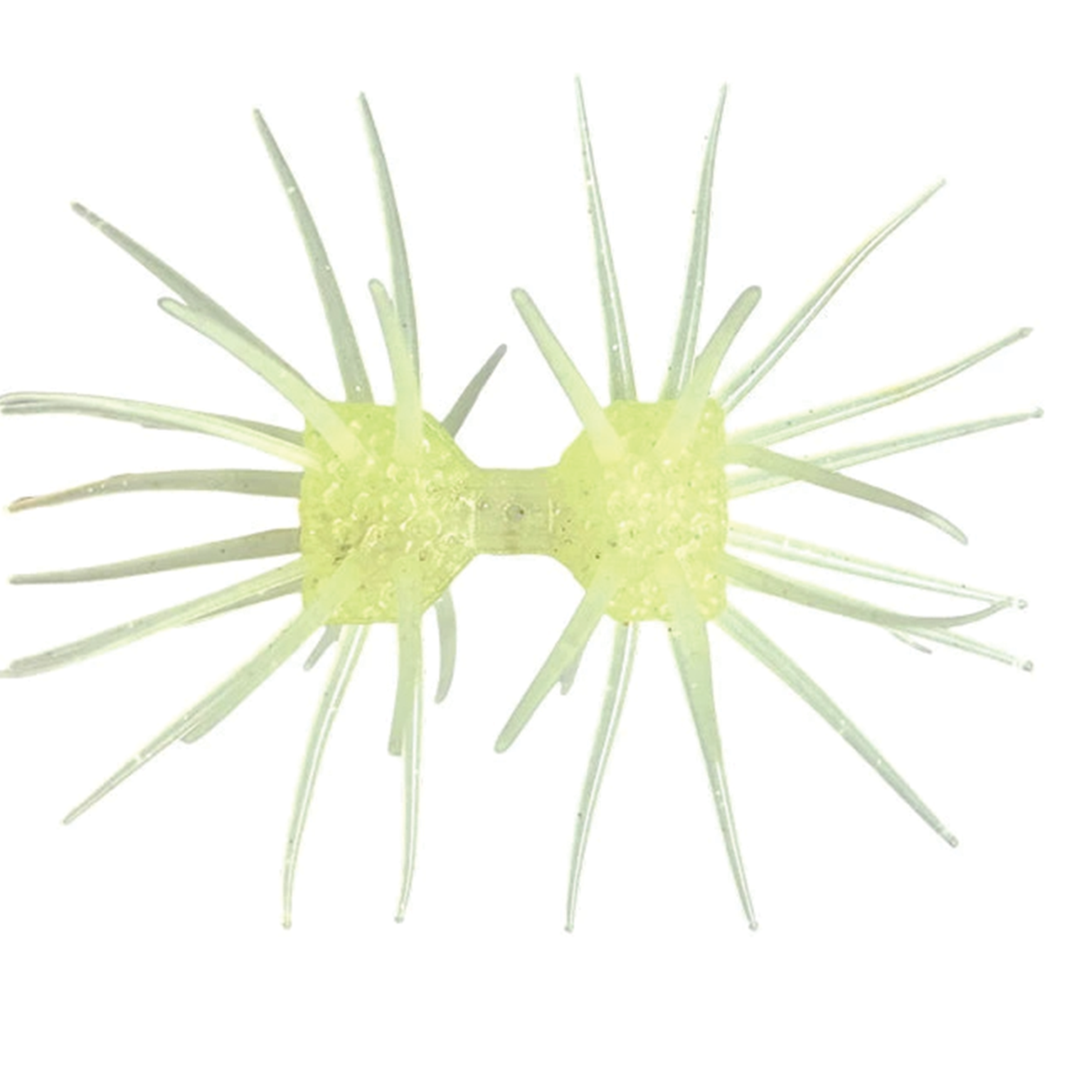 Close-up of a translucent pale yellow Imakatsu Dumbbell Crab (Elastomer) fishing lure with multiple slender, flexible appendages designed to mimic crab legs for use in fishing tackle.