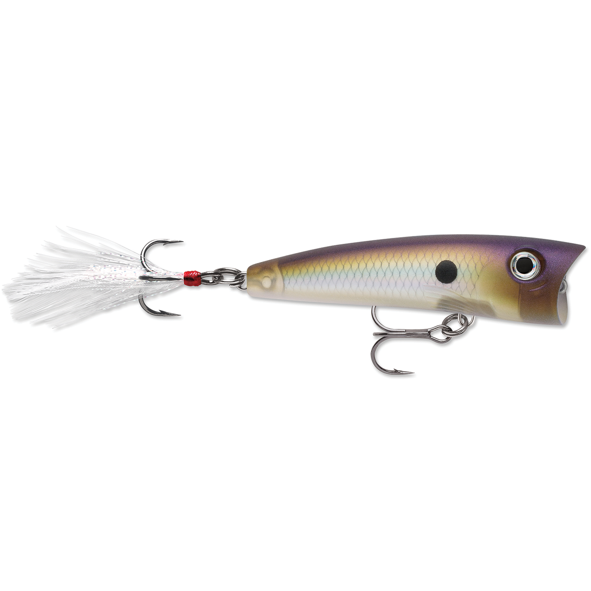 Rapala X-Rap Pop topwater fishing lure with realistic scale pattern treble hooks and white feathered tail for fishing tackle enthusiasts