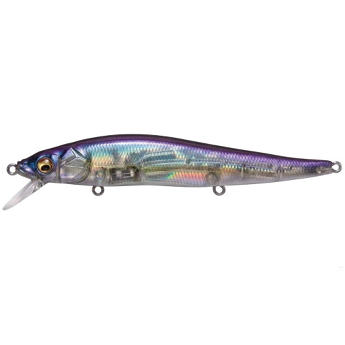 Megabass Vision 110 fishing lure with realistic blue silver finish clear diving bill and treble hook hangers for freshwater fishing tackle