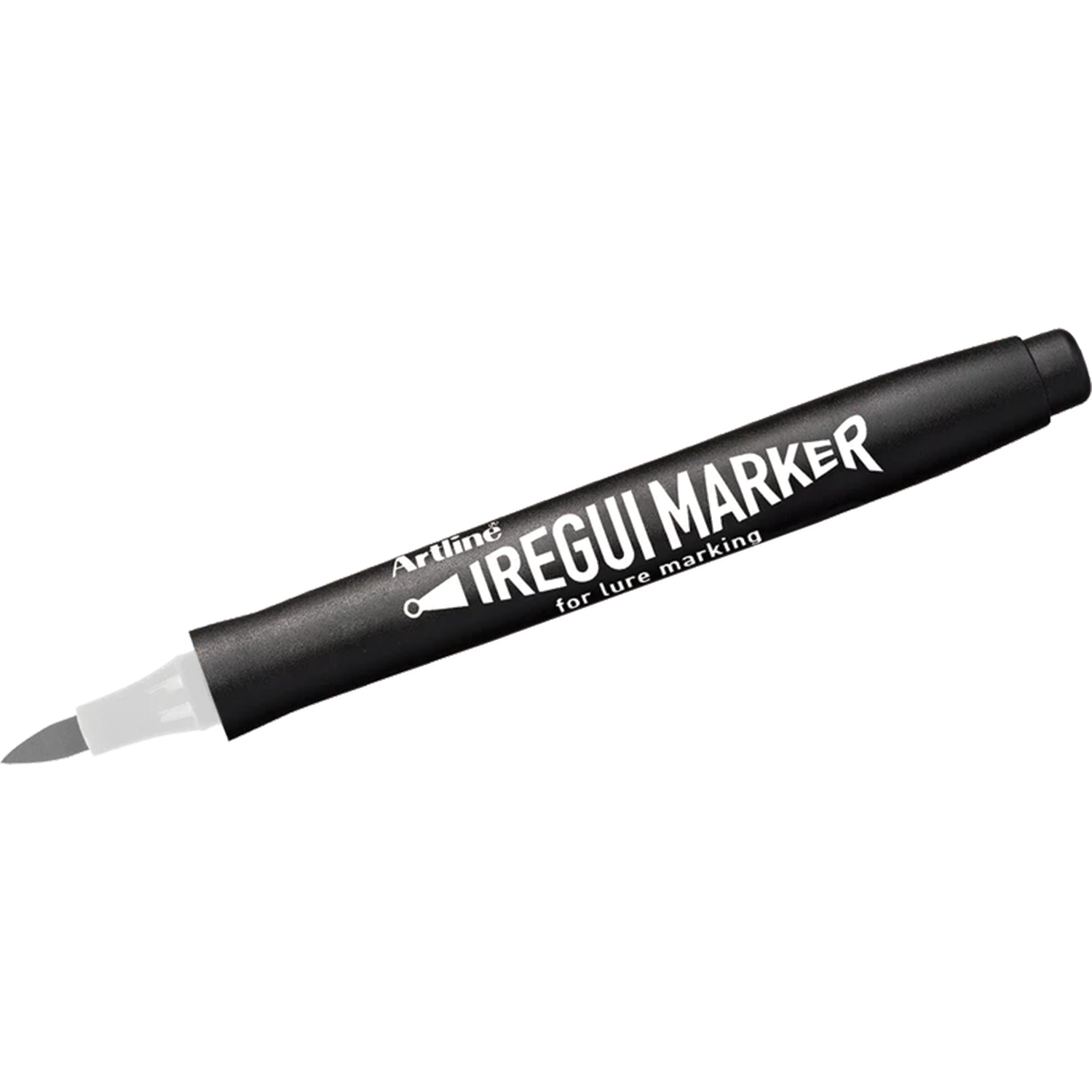 Black Artline IREGUI Markers pen with white printed text and a angled chisel tip, designed for precise lure marking in fishing tackle applications.