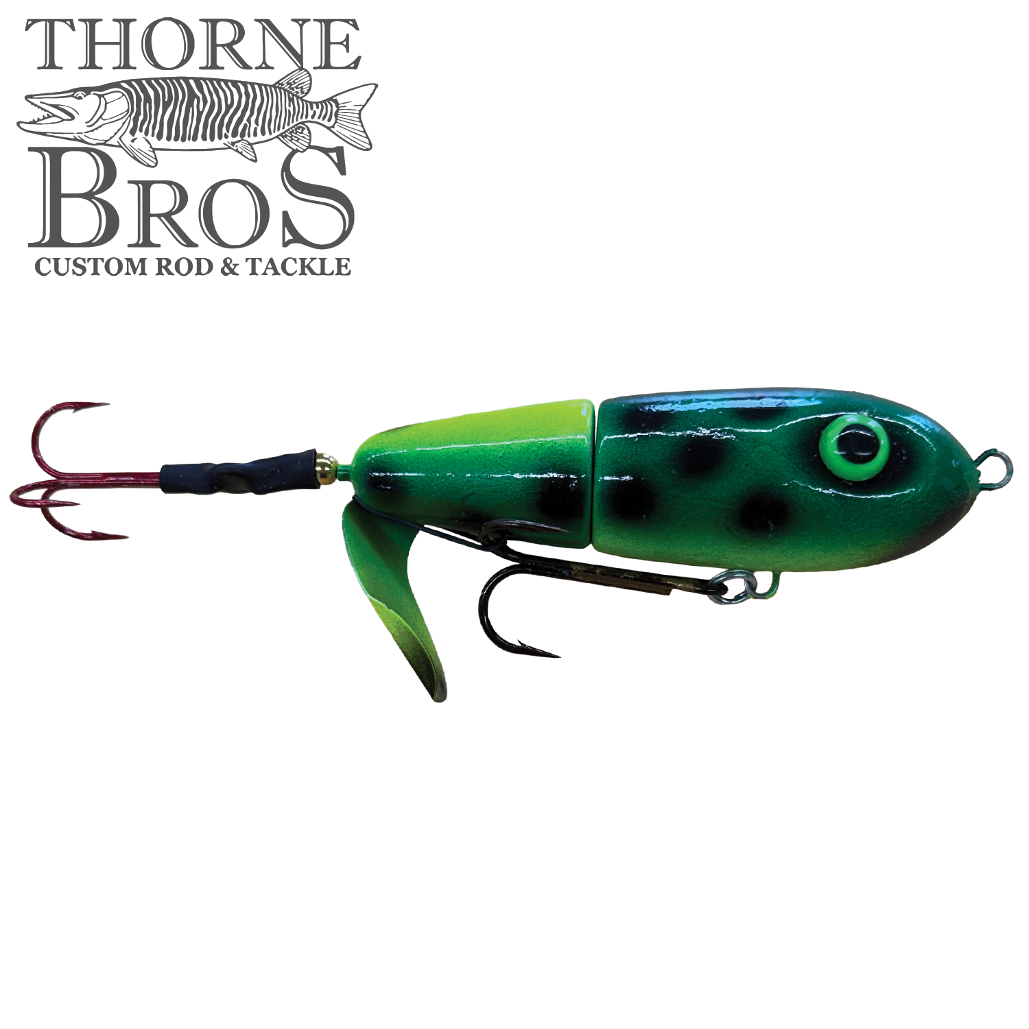 Green and black segmented fishing lure with two treble hooks and a small propeller blade, designed for musky fishing, labeled as Lake-X Dr. Evil.