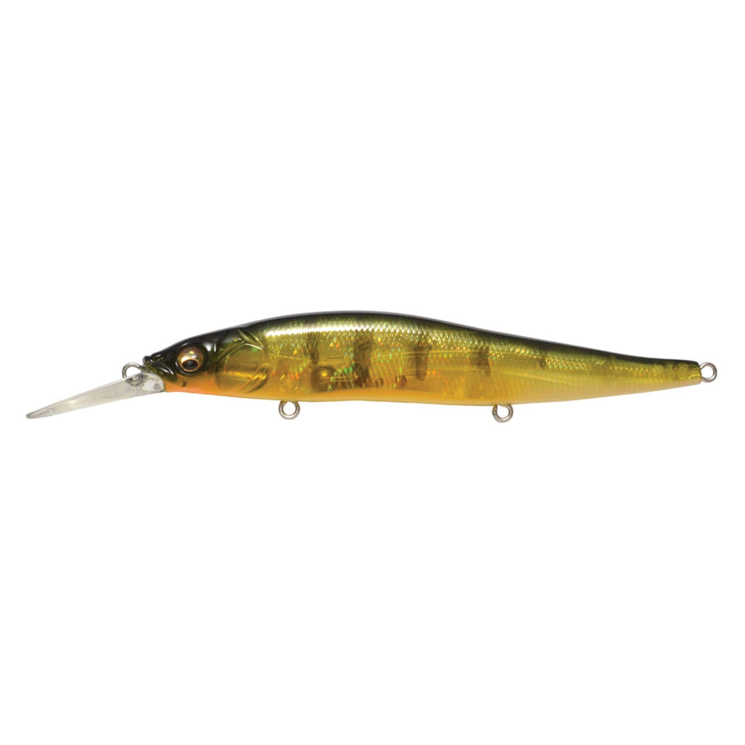 Megabass Vision 110+1 fishing lure with a sleek, elongated body featuring a green and gold color pattern, designed for realistic fish attraction in fishing tackle collections.