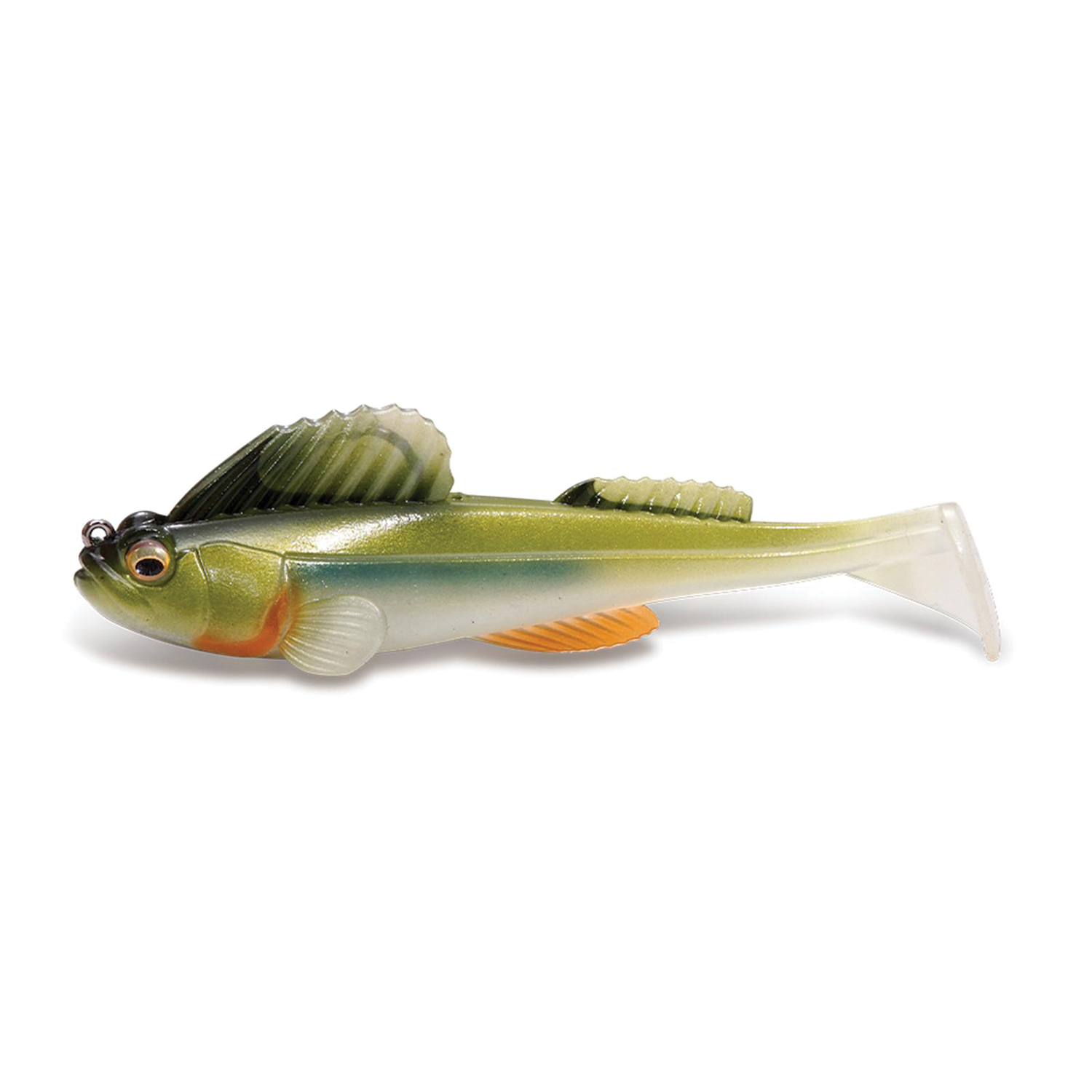 Megabass Dark Sleeper - 4.5" soft fishing lure shaped like a small fish with green and orange hues, detailed fins, and a translucent tail for realistic movement in water.