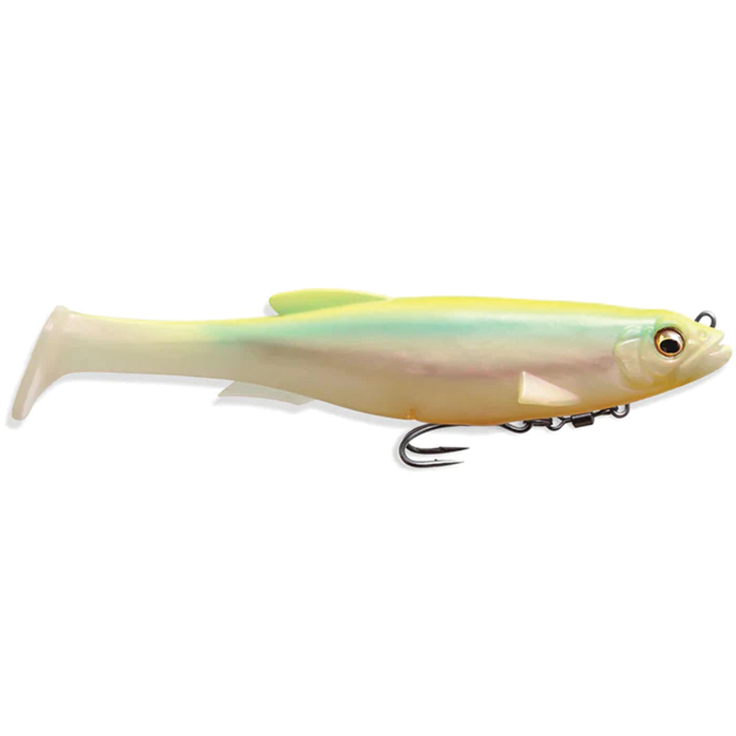 Megabass Magdraft fishing lure designed to resemble a small baitfish with a soft, light green and cream body featuring a lifelike eye and a sharp treble hook underneath.