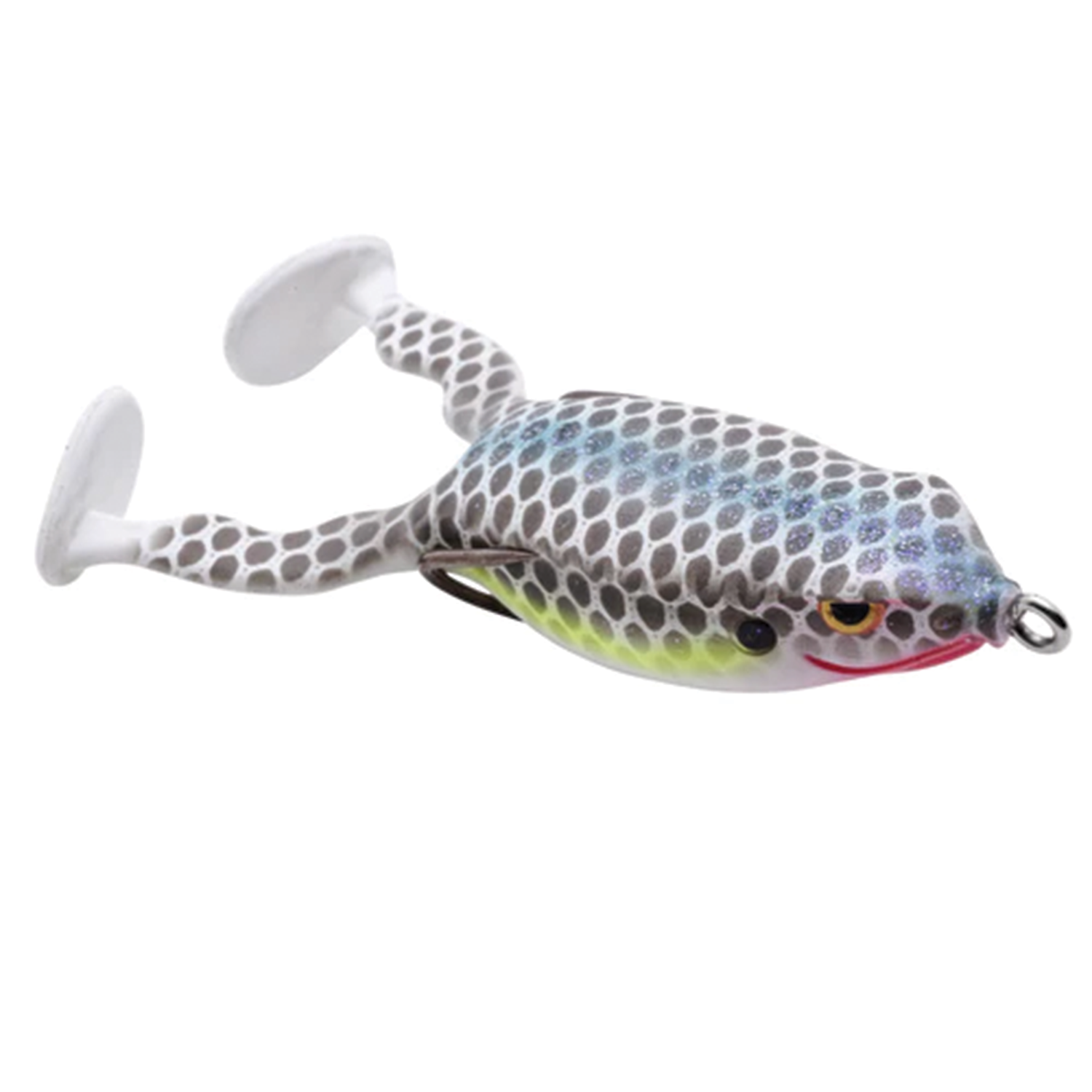 Spro Flappin Frog-65 fishing lure designed to mimic a frog with textured gray and white body, yellow accents, and two kicking legs for realistic movement in water.