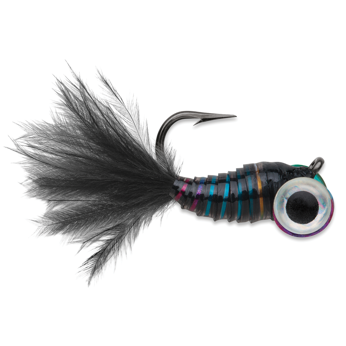 VMC Tungsten Gym Jig with black feather tail blue accents curved hook and lifelike oversized eye for fly fishing tackle and freshwater fishing lures