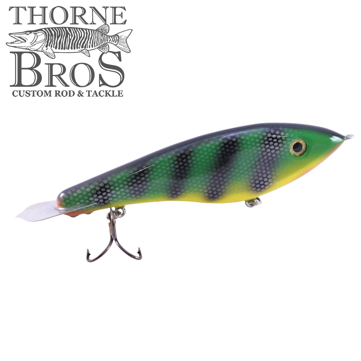 Bitten Warlock - MAG. musky fishing lure with green and yellow striped finish clear diving lip and treble hooks by Thorne Bros Custom Rod and Tackle