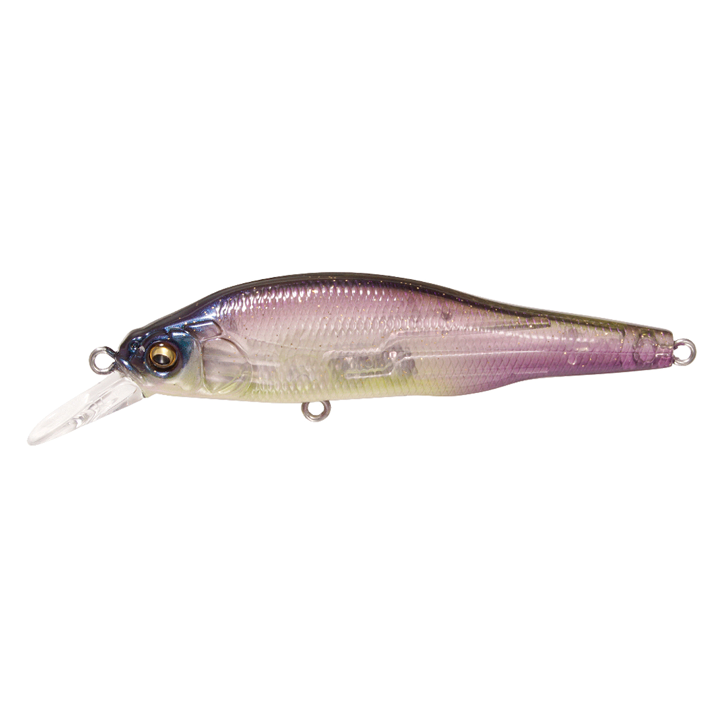 Megabass X-80 Trick Darter fishing lure with a realistic fish design in purple and silver tones, featuring detailed scales, lifelike eyes, and a clear diving lip for advanced fishing tackle performance.