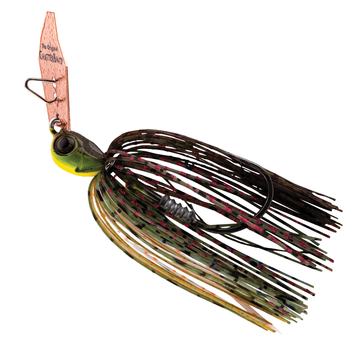 Z-Man Chatterbait Elite Evo HD fishing lure with camo skirt, detailed head, single hook, and copper-colored blade designed for effective fishing tackle use.