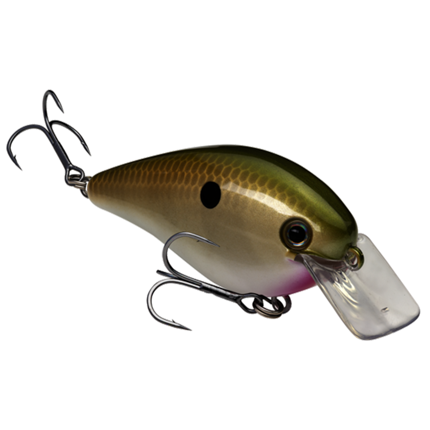Strike King KVD Hard Knock fishing lure with a green and gold scale pattern, black spot detail, clear diving lip, and two treble hooks for musky and freshwater fishing.