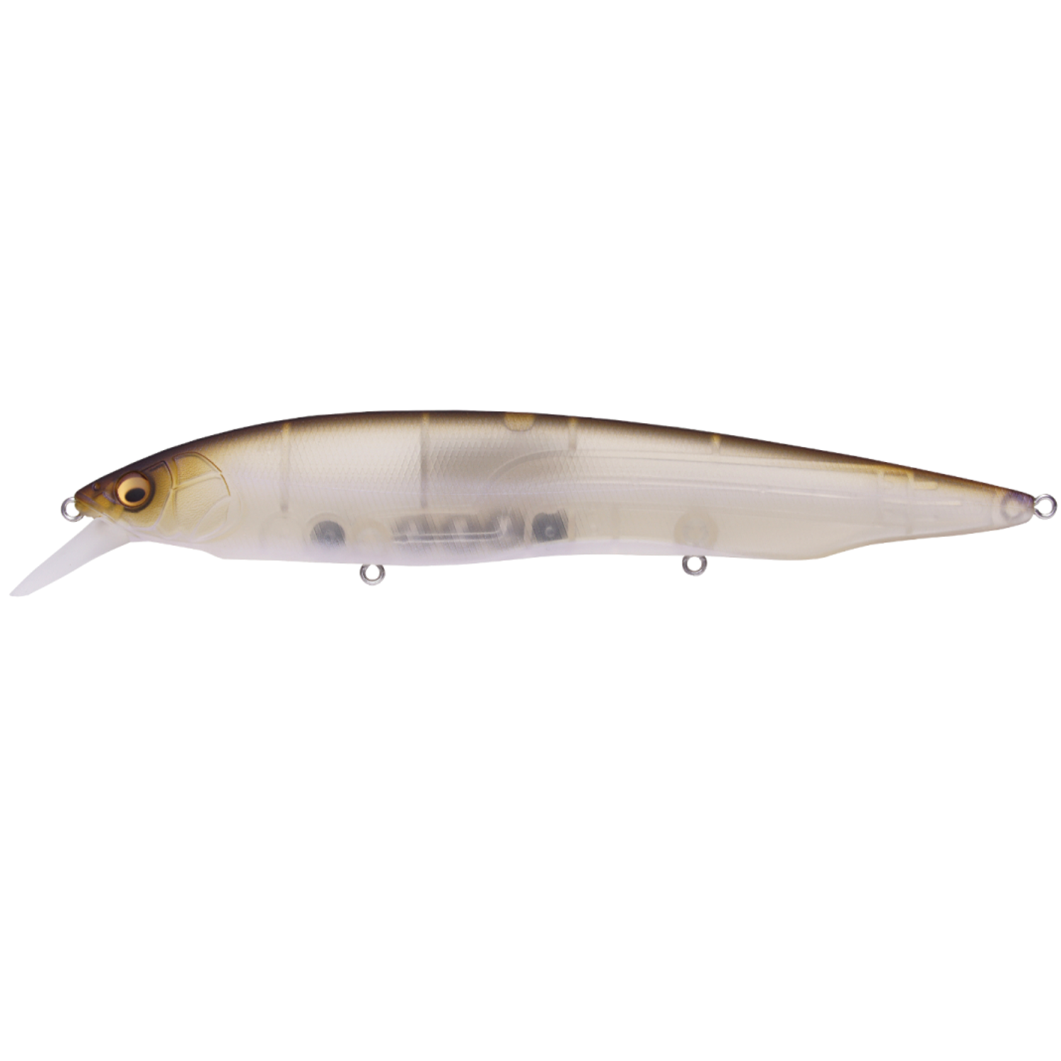 Megabass Kanata fishing lure with a translucent body featuring realistic fish eye details and a diving lip, designed for effective fishing tackle use.