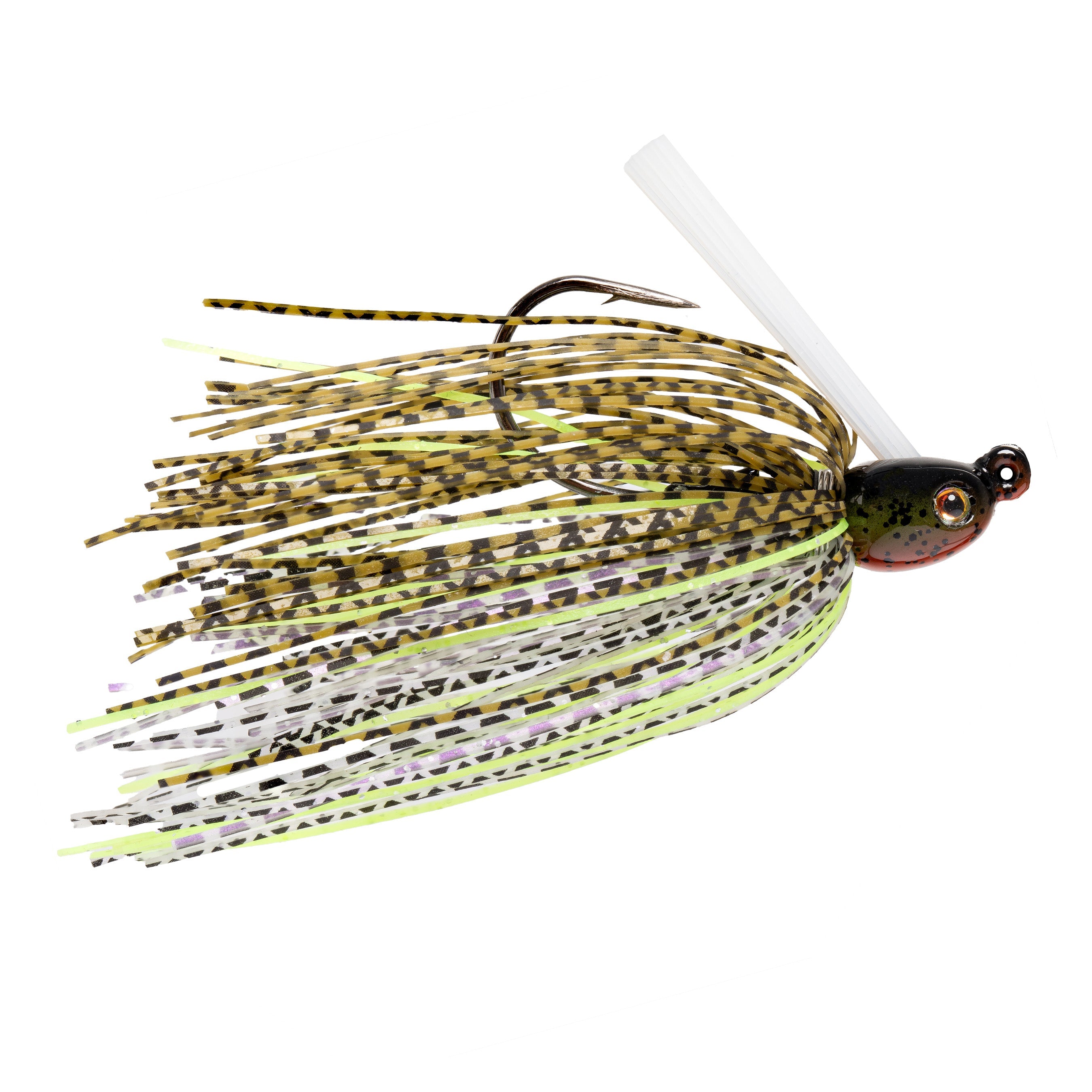 Strike King Tour Grade Tungsten Compact Swim Jig with a detailed lifelike head, black and yellow patterned skirt, and weed guard, designed for fishing tackle enthusiasts.