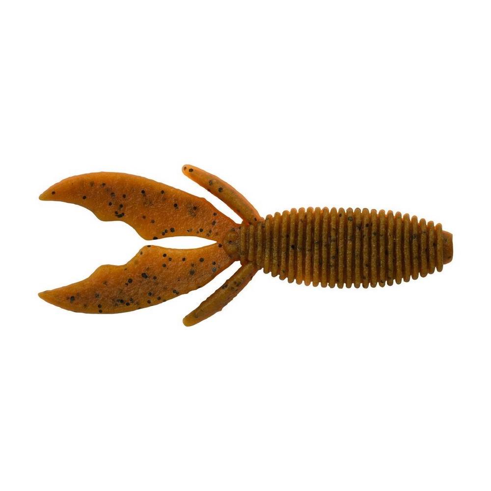 Berkley PowerBait MaxScent Creature Hawg fishing lure in brown with black speckles, featuring ribbed body and two curved appendages designed to mimic crawfish for fishing tackle.