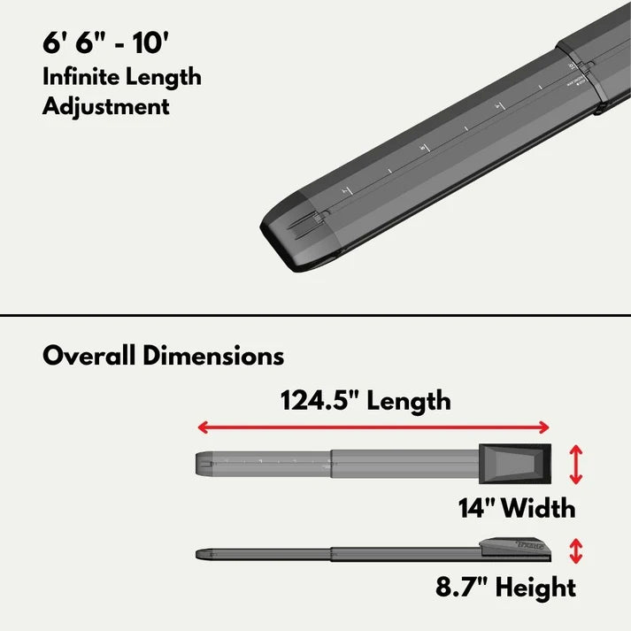 Trxstle ARC Fishing Rod Carrier with adjustable length from 6 feet 6 inches to 10 feet and overall dimensions of 124.5 inches long 14 inches wide and 8.7 inches high