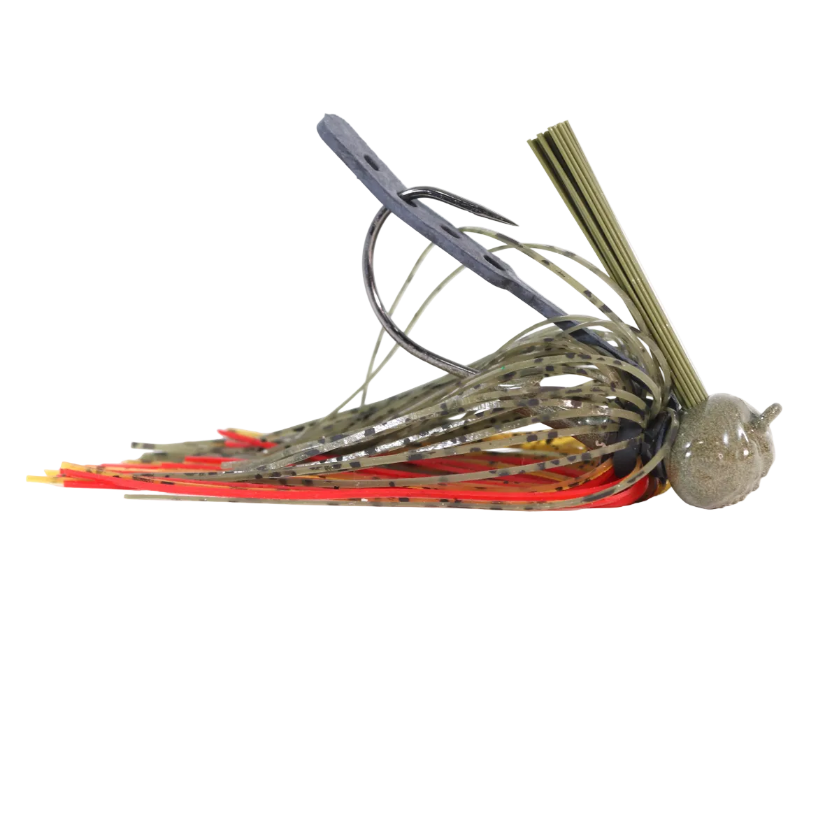 All Terrain Football Head Jig with a green and orange skirt, weed guard, and heavy-duty hooks designed for versatile fishing tackle and musky fishing applications.