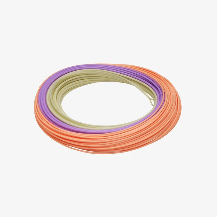 Rio Ambassador Series Flats Passport multicolor fly fishing line coiled for storage with orange purple and pale green sections on a white background