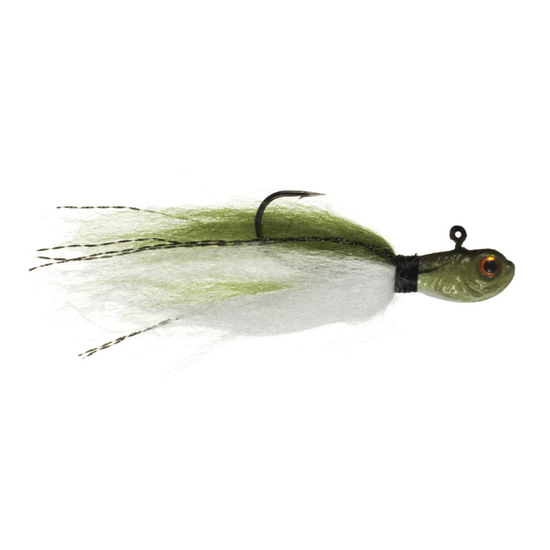 SPRO Phat Flies fishing lure designed with olive and white synthetic fibers and a detailed weighted head, ideal for musky and freshwater fishing tackle.