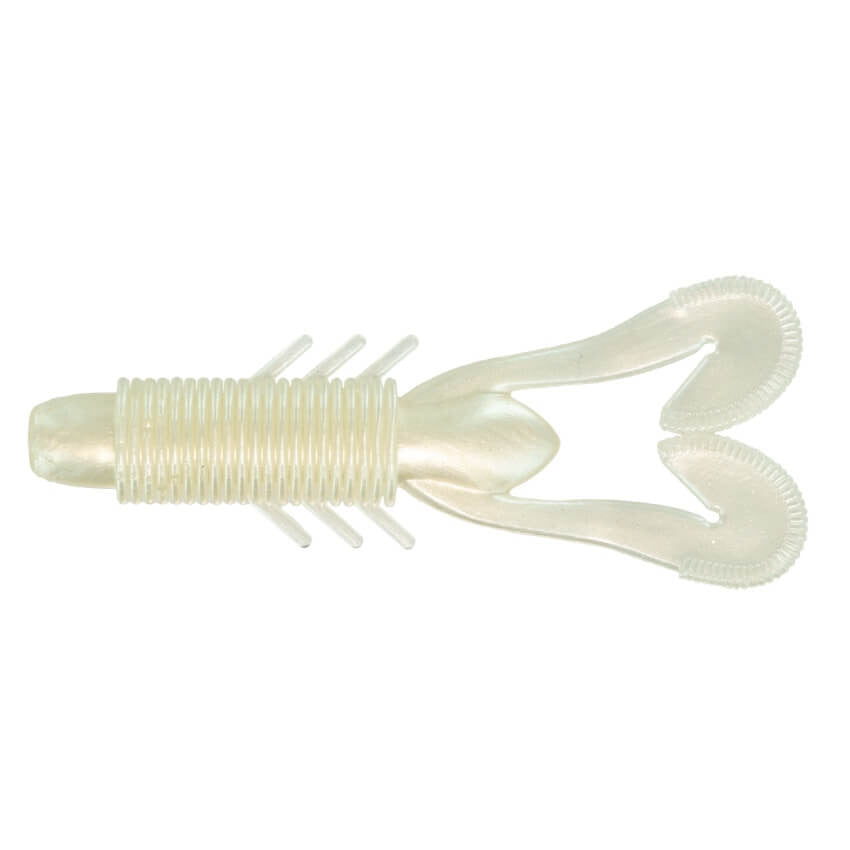 Big Bite Velo Craw soft fishing lure in translucent pearl color with ribbed body, multiple small appendages, and twin curled tail designed for musky fishing tackle.