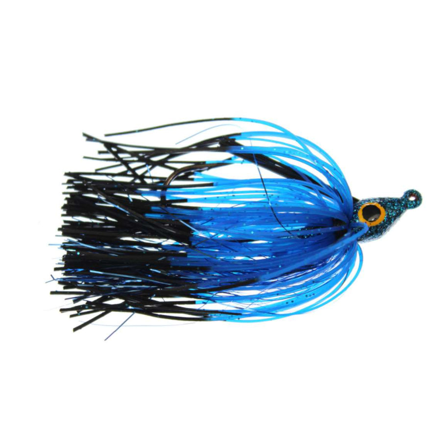 Lethal Weapon II Swim Jig fishing lure with black and bright blue skirt and a glittery head featuring a yellow and black eye, designed for effective musky fishing tackle.
