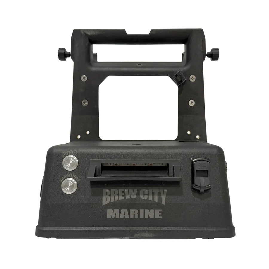 Brew City Shuttle Box - SKU: BC-SB black fishing tackle box with adjustable handle control switches and Brew City Marine branding for organized gear storage