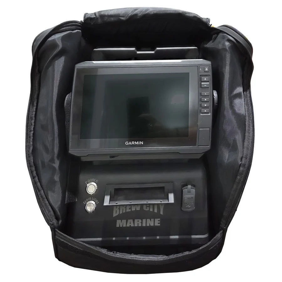 Brew City Shuttle Bag - SKU: BC-SBG, black protective bag with a Garmin marine fish finder and controls for organized fishing electronics