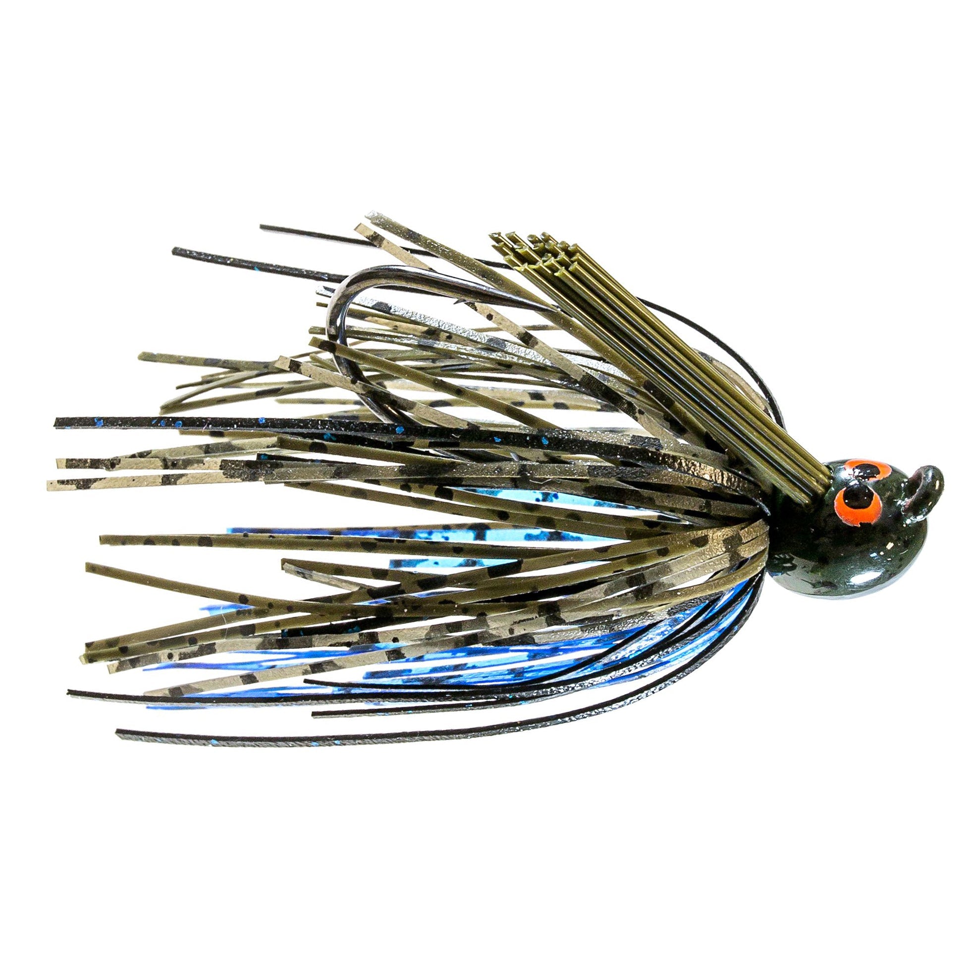 Close-up of a Z-Man CrossEyeZ Power Finesse Jig fishing lure featuring a detailed head with orange eyes and a skirt of flexible black, tan, and blue strands designed for lifelike movement in the water.
