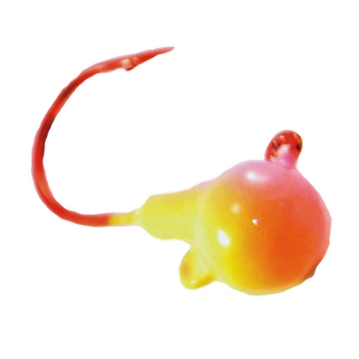 Mission Tackle Short Shank Jig showing a close-up of a yellow and orange fishing lure with a curved red hook designed for fishing tackle use.