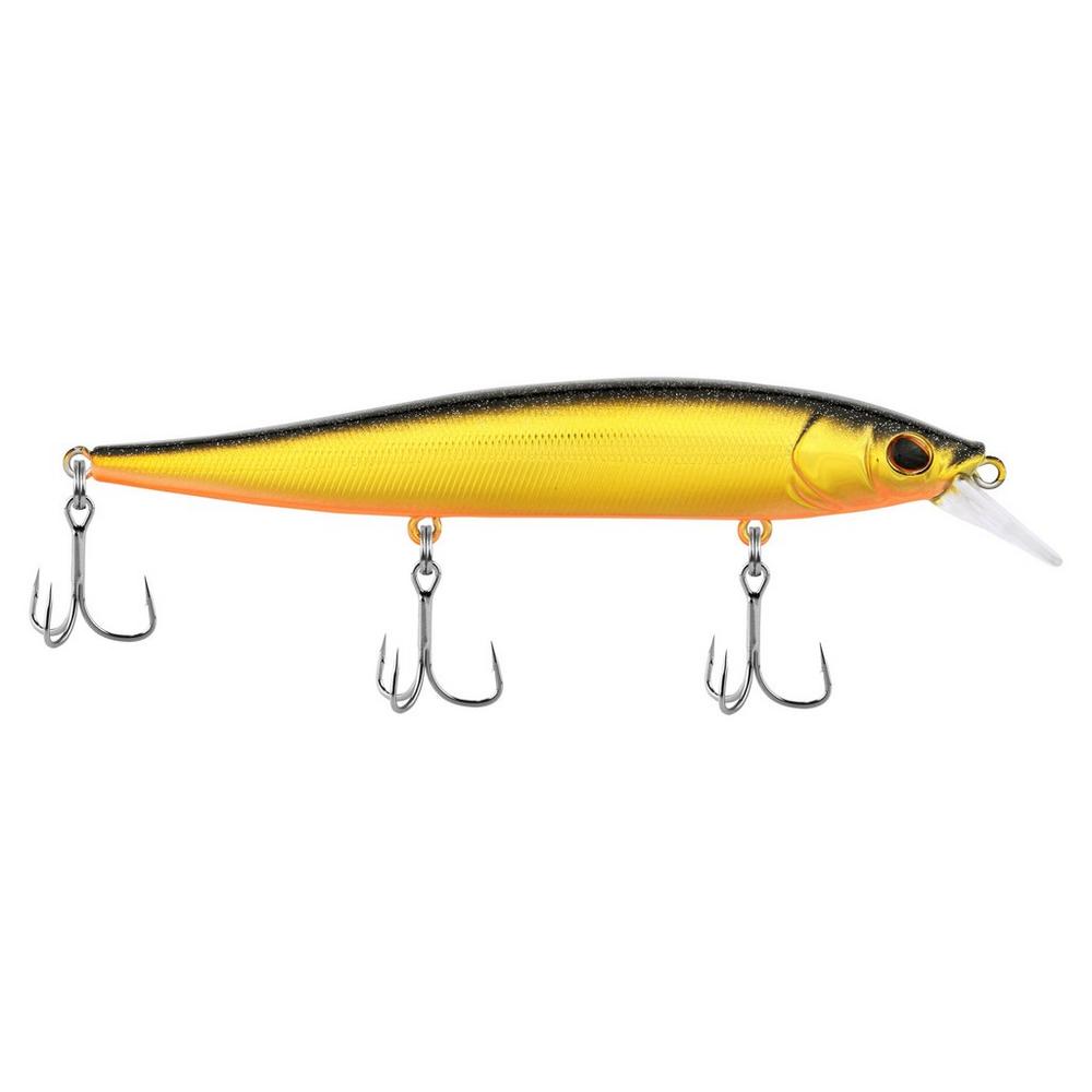 Berkley Stunna 112 Jerkbait fishing lure in gold and black with three sharp treble hooks and a clear lip for realistic movement in water.