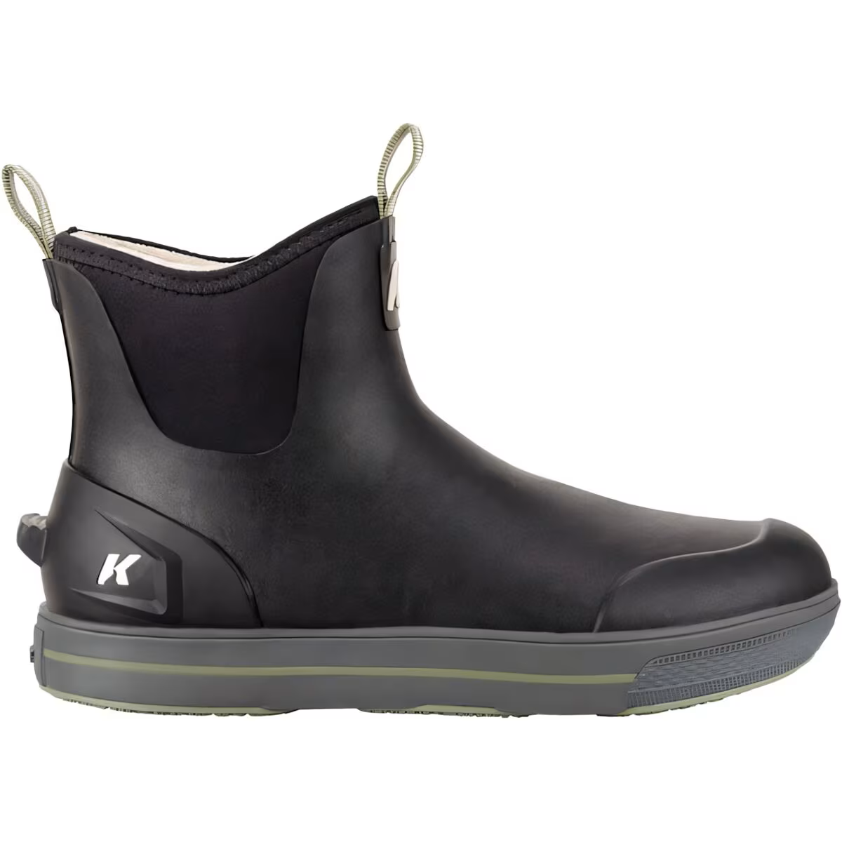 Korkers Neo Flex Thermo w/Fixed Kling-On Sole - Men's Ankle Boots in black with olive green sole, designed for fishing with waterproof material and durable slip-resistant sole.