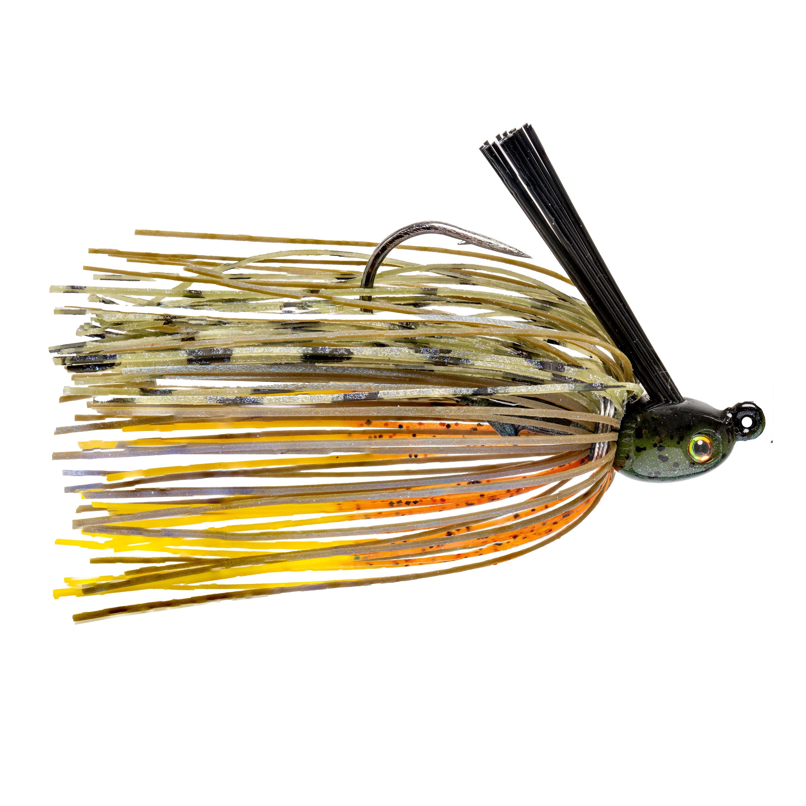 Strike King Tour Grade Tungsten Compact Swim Jig fishing lure featuring a detailed green and yellow skirt with black speckles and a sharp hook, designed for musky fishing.