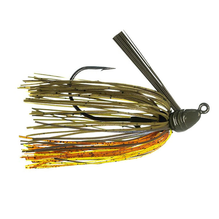 Dirty Jigs Weekender Swim Jig fishing lure with olive and orange skirt, sharp hook, and weed guard, designed for effective musky fishing tackle and lure presentation.