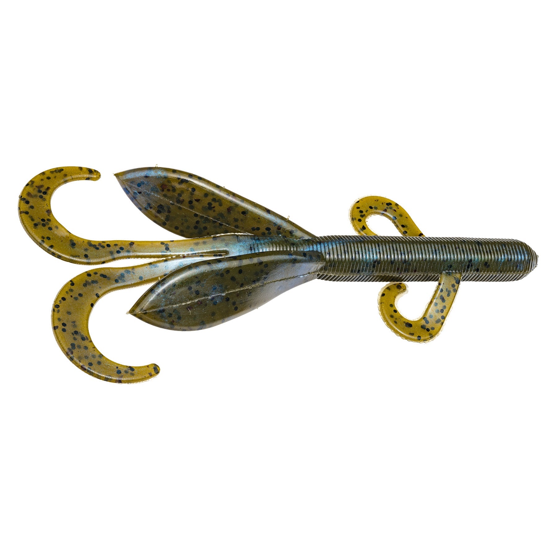 Strike King KVD Perfect Plastics Magnum Game Hawg soft fishing lure with a ribbed body and multiple flexible appendages in greenish-blue with black speckles, designed for fishing tackle.