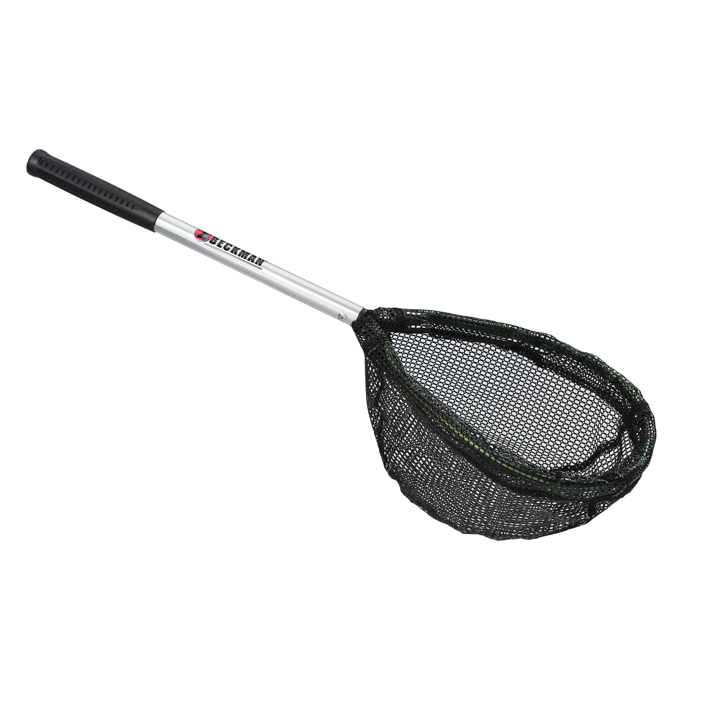 Beckman Live Well Net featuring a lightweight metal handle with grip and a deep, black mesh net, designed for efficient catch and release during fishing trips.