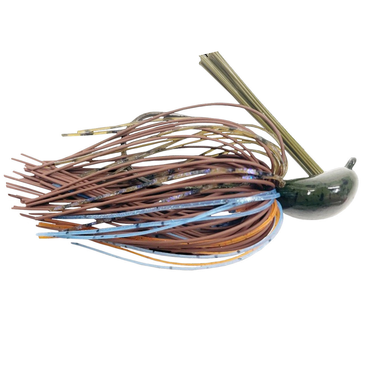 Greenfish Tackle Little Rubber Jig fishing lure featuring a multi-color skirt with brown, blue, and orange strands and a dark green head, designed for musky fishing tackle.