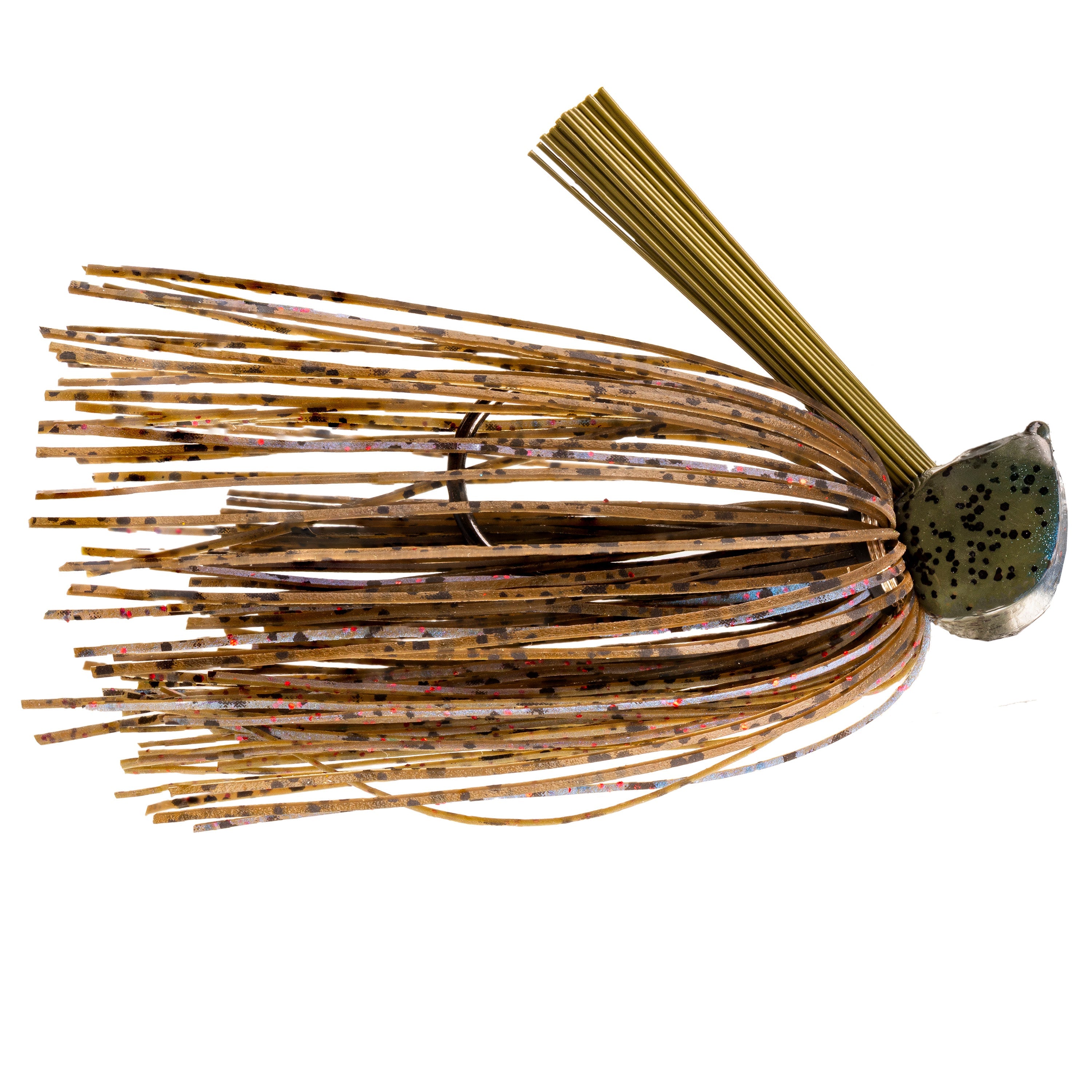 Close-up of a Strike King Tour Grade Tungsten Flip Jig fishing lure featuring a weighted tungsten head with green and black speckled finish and a dense multi-strand brown and tan skirt designed for musky and ice fishing tackle.