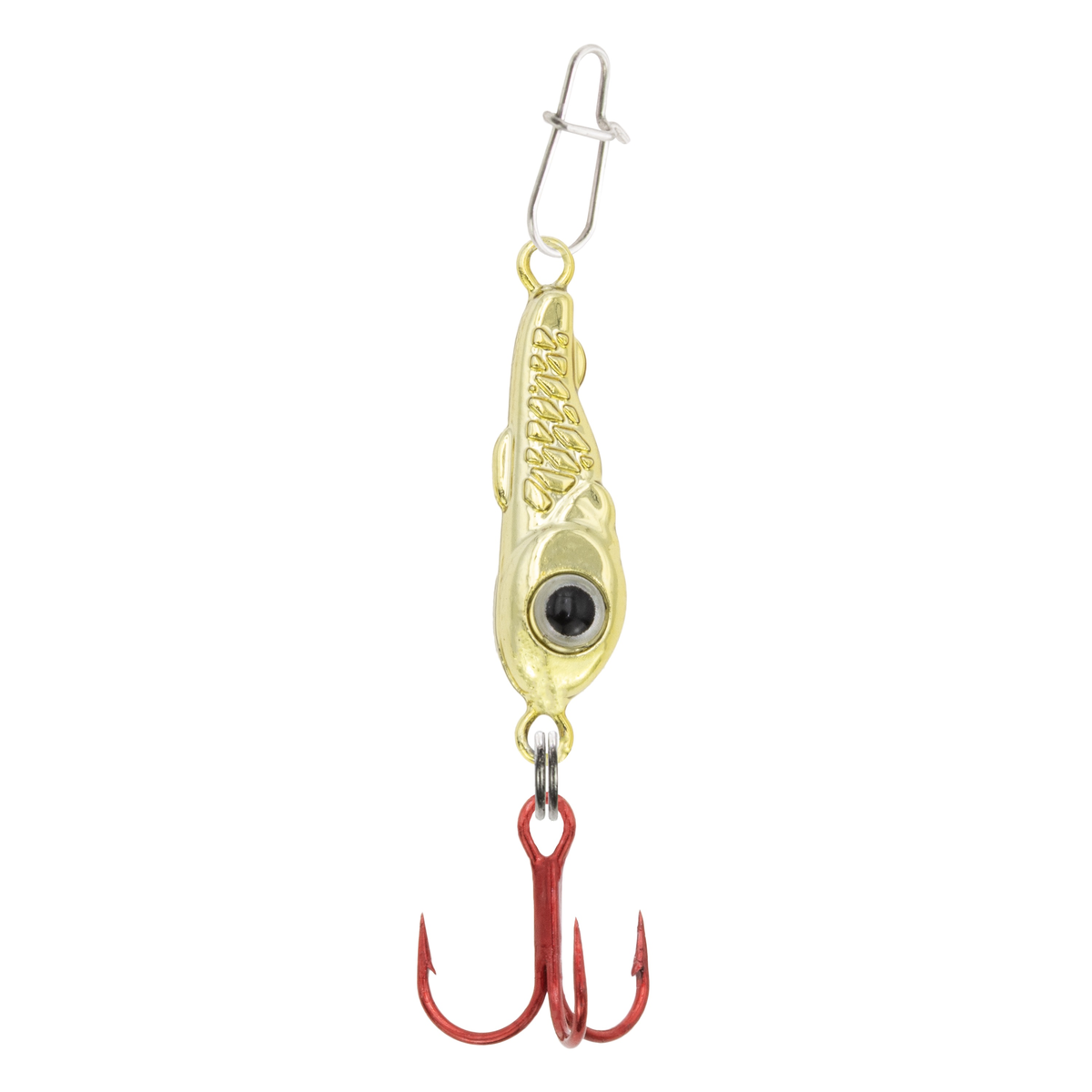 Clam Bomb Drop Spoon with a gold metallic finish, detailed fish eye design, and attached red treble hook, designed for effective fishing tackle use.