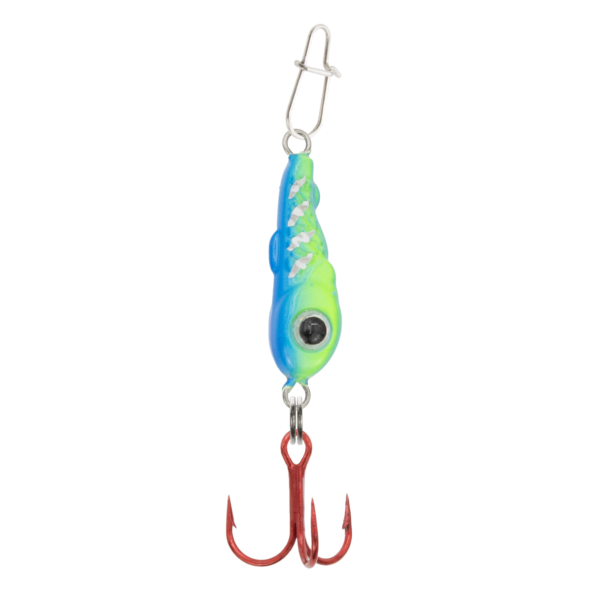 Clam Bomb Drop Spoon fishing lure in bright green and blue with a detailed eye and red treble hook, designed for effective fishing tackle use.