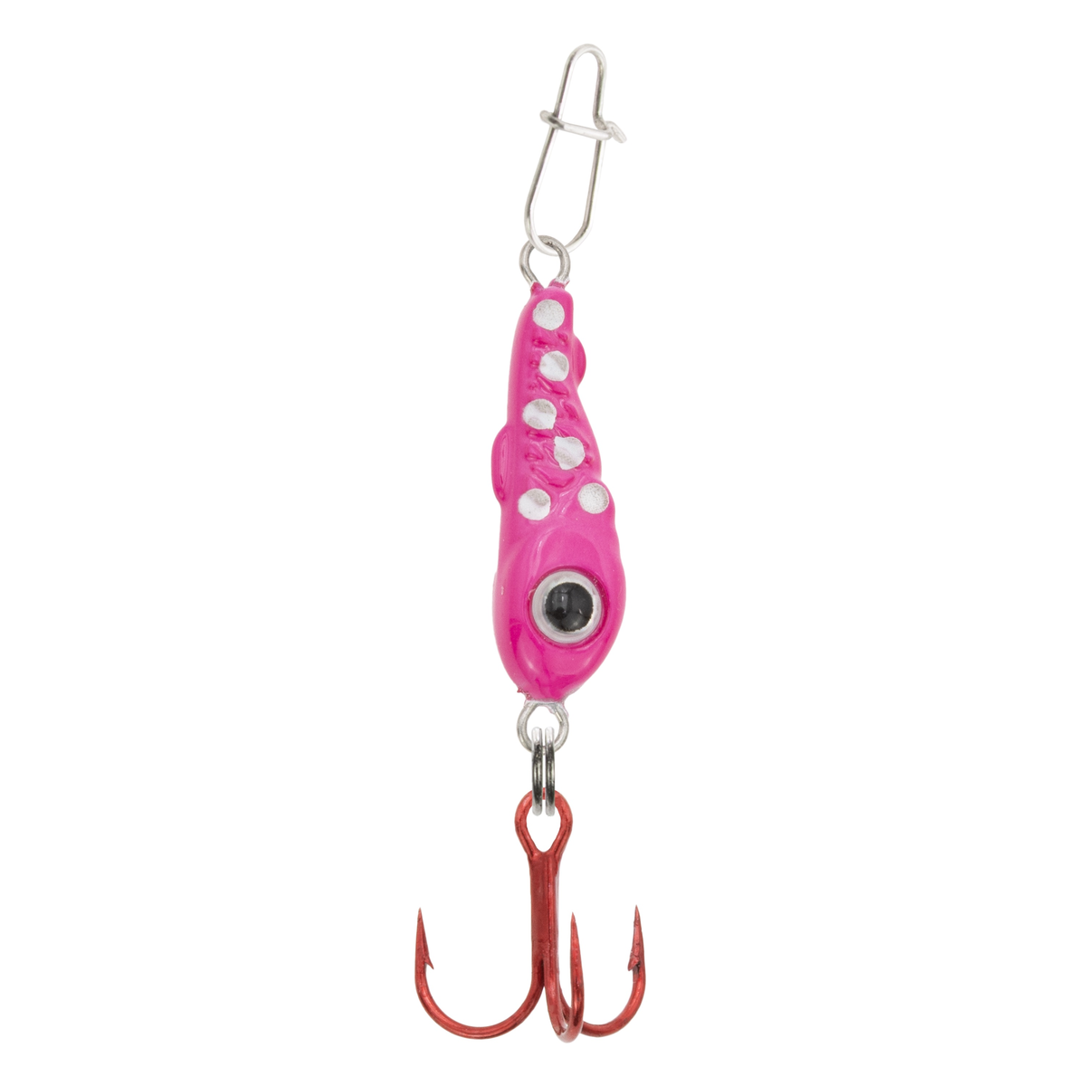 Clam Bomb Drop Spoon fishing lure in bright pink with white spots, featuring a large eye detail and a red treble hook, designed for effective fishing tackle use.