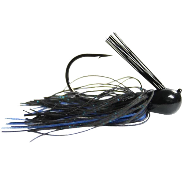 Missile Baits Ike's Mini Flip Jig in black and blue tones with a sharp hook and flexible skirt designed for fishing tackle and musky fishing.