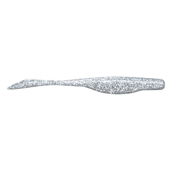 Soft plastic fishing lure in silver glitter finish designed for musky fishing, shown as a slender, elongated bait with a tapered tail, Strike King KVD Perfect Plastics 5" Caffeine Shad.