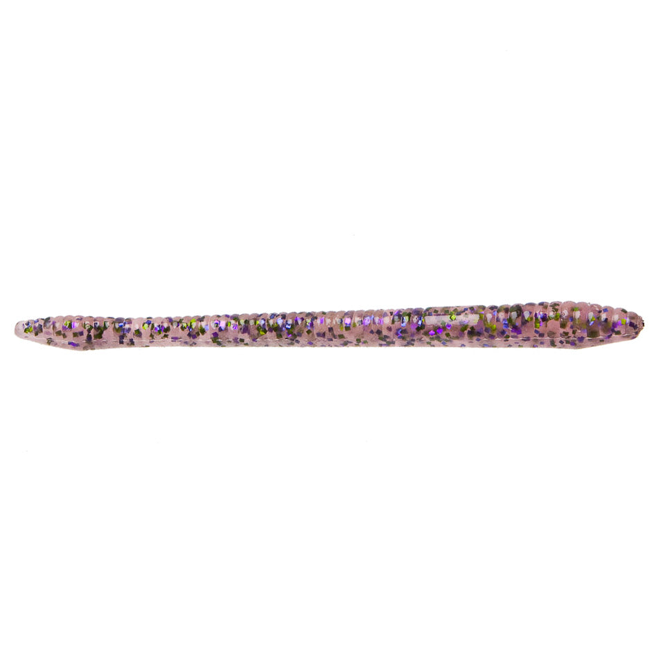 Zoom Finesse Worm fishing lure with a ribbed, slender body in translucent pink and purple tones, designed for effective bait presentation in fishing tackle.