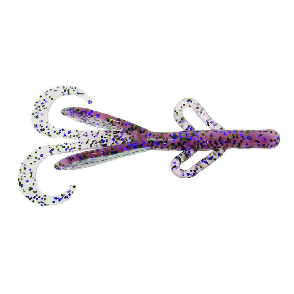 Zoom Baby Brush Hog fishing lure in translucent purple with black and green flecks, featuring multiple curled appendages designed for lifelike movement in water.