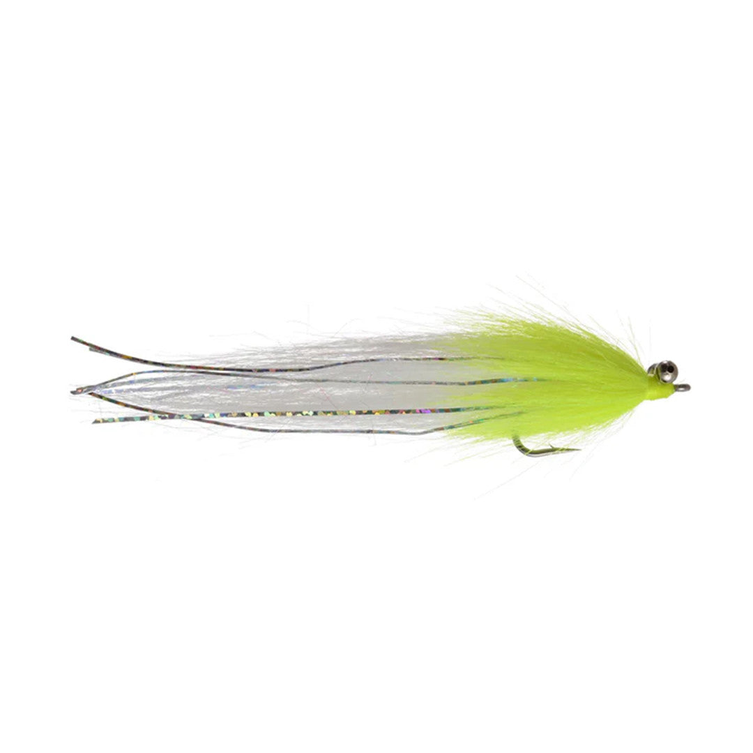 Craft Fur Whistler #2/0 fishing lure featuring a chartreuse and white feathered body with shiny tinsel accents and a metal hook, designed for musky and fly fishing tackle.