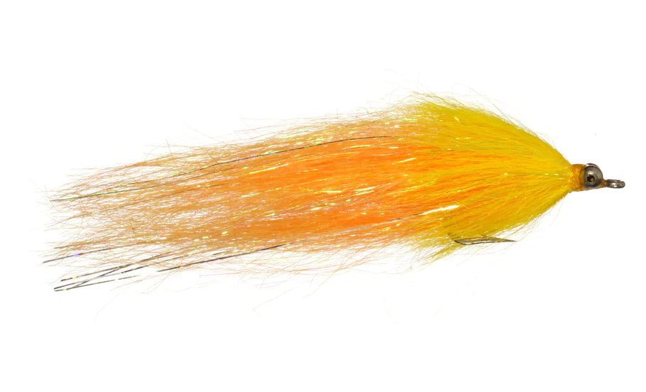 Bright yellow and orange synthetic fur fishing lure with a metal bead head and hook, designed for musky fishing, Craft Fur Whistler #2/0.
