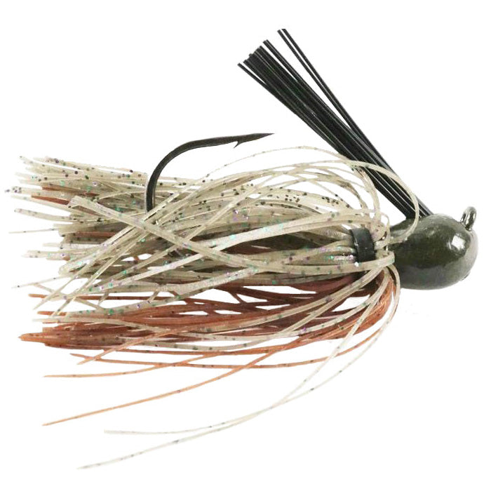 Missile Baits Ike's Mini Flip Jig fishing lure with a sharp hook, realistic multi-colored silicone skirt, and weed guard designed for effective musky fishing tackle.