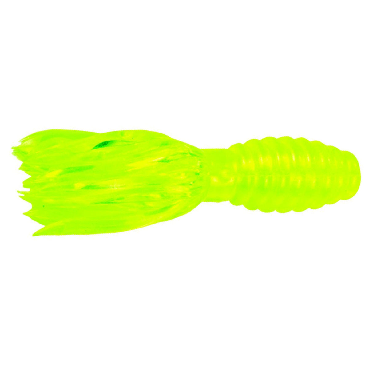 Bright chartreuse soft fishing lure with ribbed body and multiple tentacle-like appendages, designed as Strike King Mr. Crappie Thunder Tube Bait for fishing tackle use.