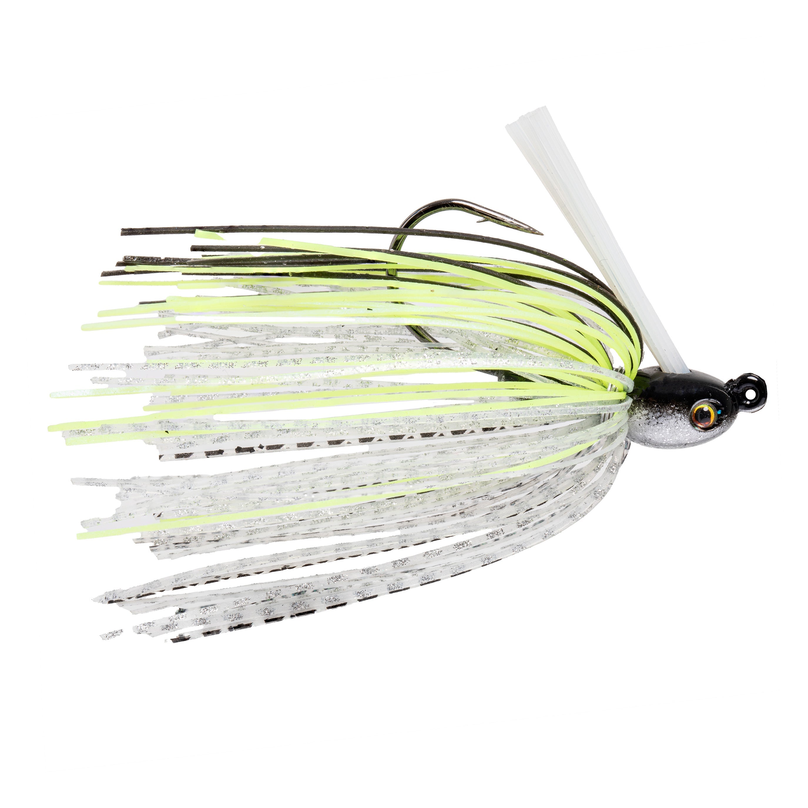 Strike King Tour Grade Tungsten Compact Swim Jig featuring a sleek black and chartreuse skirt with a weighted head and sharp hook, designed for effective fishing tackle use.